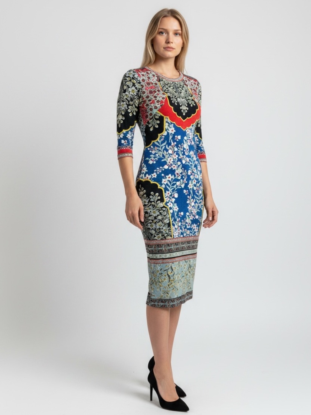 Alice + Olivia Blue Floral & Paisley Midi Dress with Red and Black Accents size8